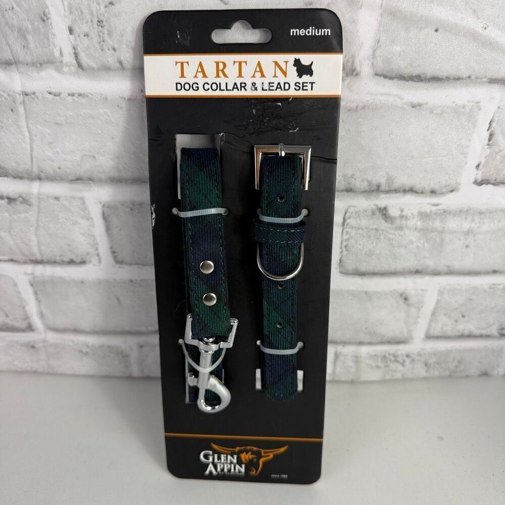 Glen Appin Green Blue Tartan Dog Collar & Lead Set NWT Size M